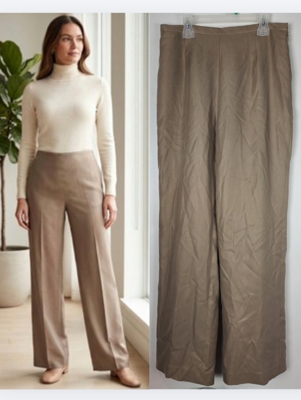 Vintage Talbots Taupe Pure Silk Twill High Waist Wide Leg Trouser Career Pants 8